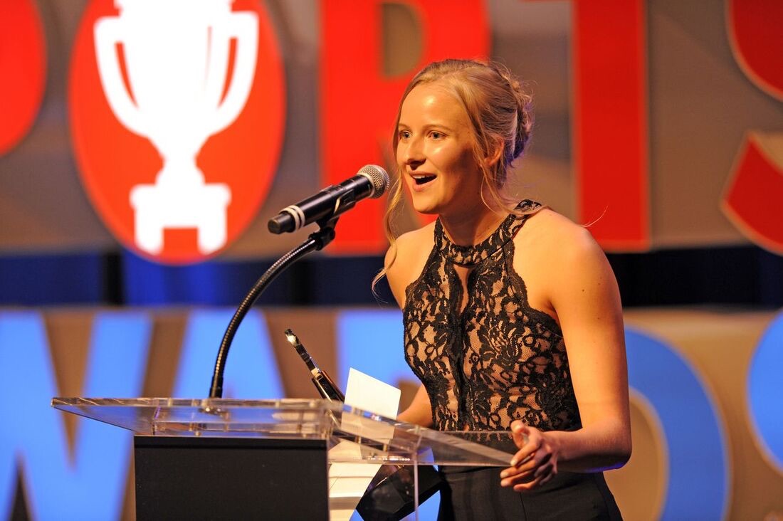 An image of me giving a speech at the Indiana Sports Awards. 