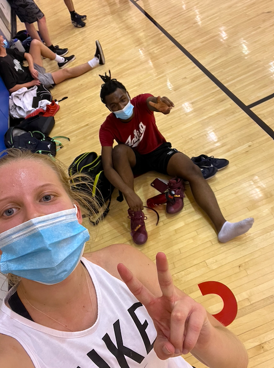 Madison and Zac posing for a selfie at the SRSC after finishing up a game of basketball. 